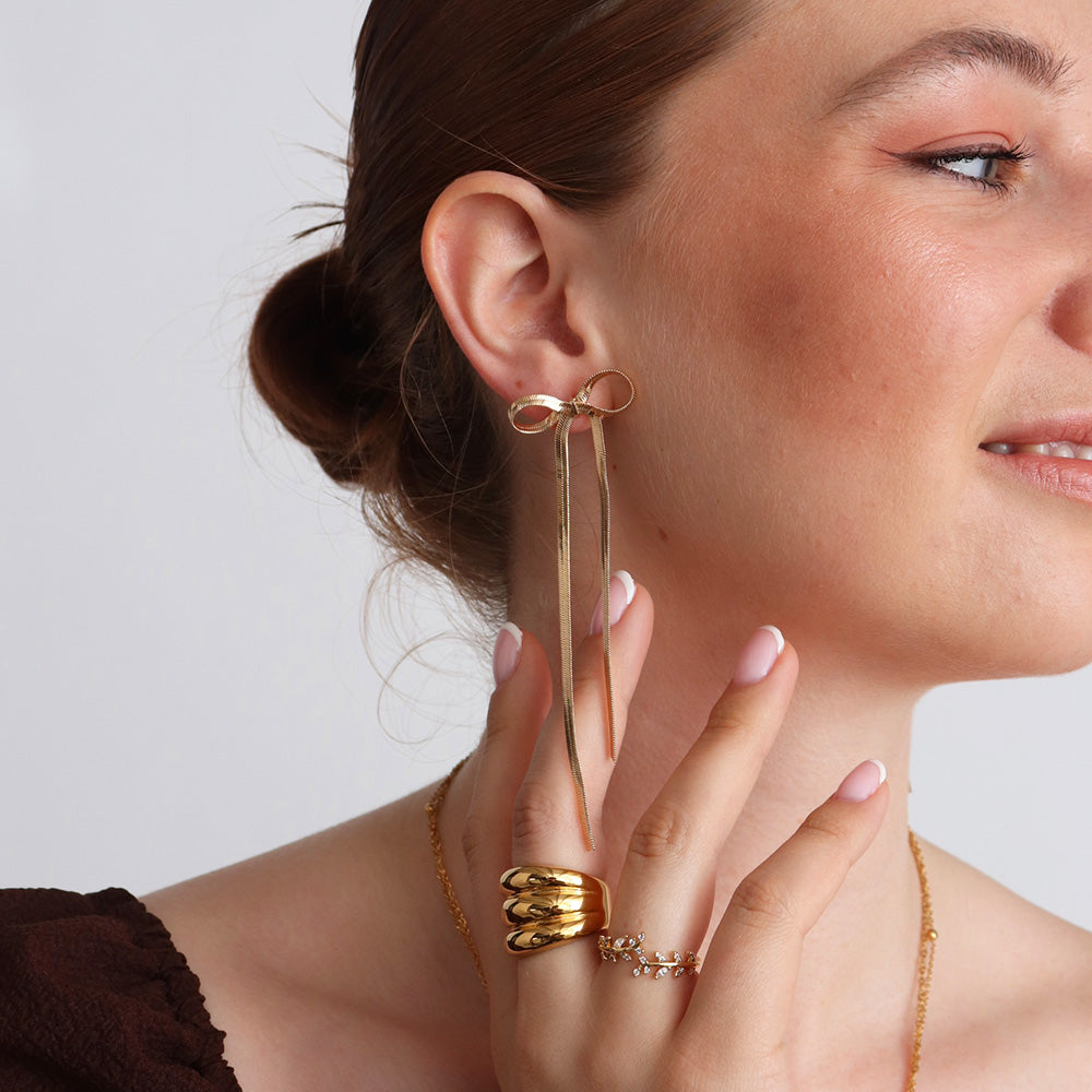 Bow Ribbon Earrings - Gold