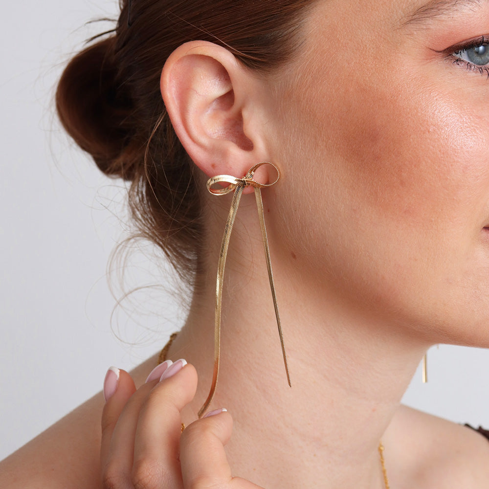 Bow Ribbon Earrings - Gold