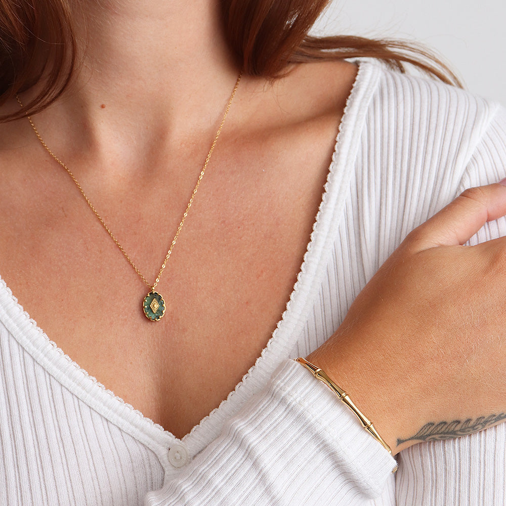 Natural Stone Pendant Necklace - Gold