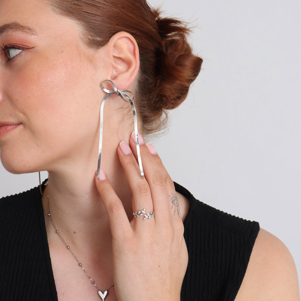 Bow Ribbon Earrings - Silver