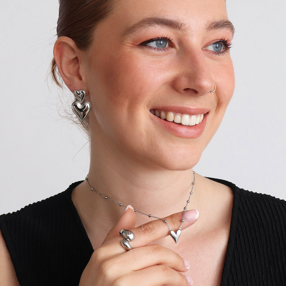 Ella Heart Drop Earrings - Silver