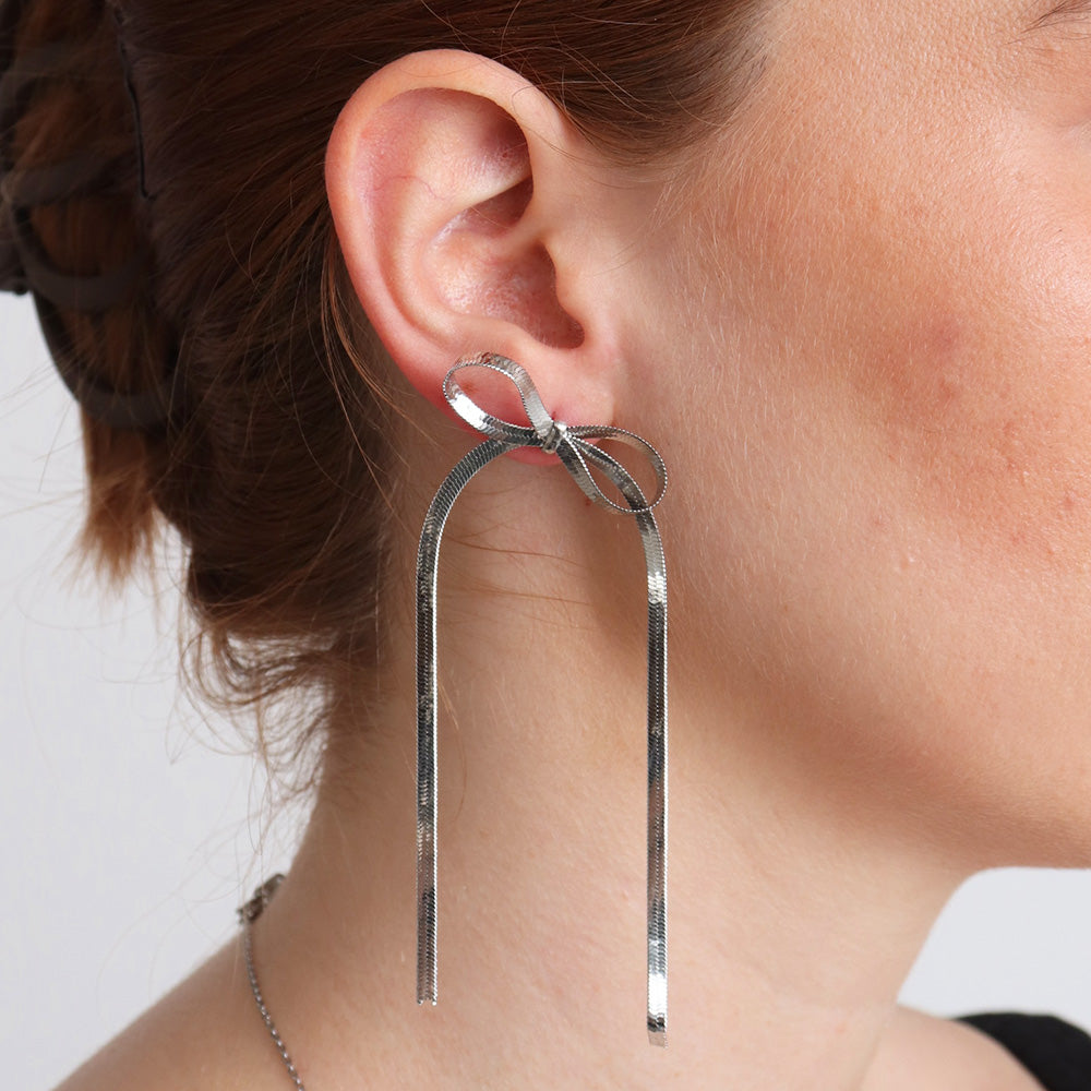 Bow Ribbon Earrings - Silver